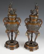 Pair of Chinese bronze covered censers with Dog of Fo finials, H33cm