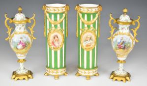 A pair of French covered vases with ormolu / metal mounts, decorated with Watteau scenes and