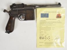 Deactivated German C96 'Broom Handle' Mauser semi-automatic pistol with wooden grips, adjustable