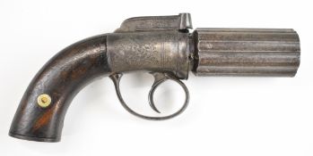 English six-shot percussion bar hammer action pepperbox pistol / revolver with engraved lock,