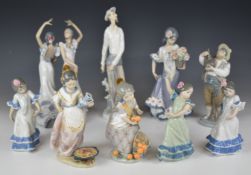 Nine Lladro figures including Don Quixote, flamenco dancers, child figure etc, tallest 30cm