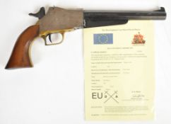 Deactivated San Marco .44 pistol with engraved scenes to the action featuring cowboys on horses in