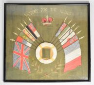 WW1 embroidery showing the flags of the victorious allies Britain, France, Japan, Russia, etc on a