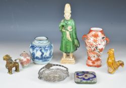 A collection of Chinese / Asian items including funerary figure, silver basket, cloisonné