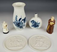 Two Copenhagen vases, two relief moulded plaques and two Royal Worcester candle snuffers, tallest
