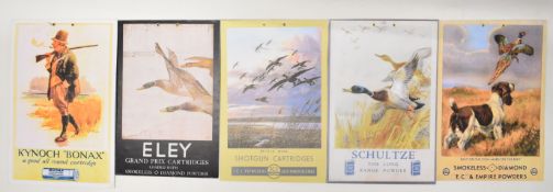 Four shotgun cartridge or powder shop display or advertising cards including Eley-Kynoch, Bonax,