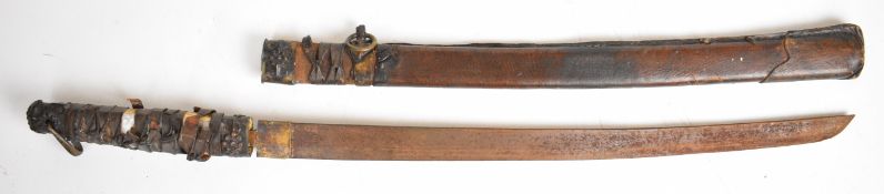 Japanese wakizashi the 46cm blade with Japanese script, with leather bound handle, in leather and