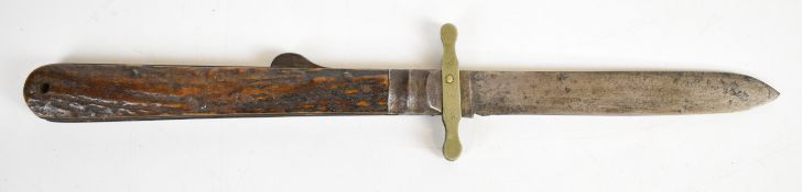 Folding knife, the blade 11.5cm when folded out, with crossguard, antler handle and button to