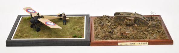 Two WW1 model dioramas comprising a 1/72 scale British Mk 1 tank / landship moving through a