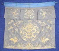 19thC Chinese silk embroidery panel with gold thread dragon decoration, 97 x 98cm