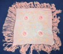 20thC Chinese pink silk piano shawl with embroidered floral decoration, 160 x 160cm