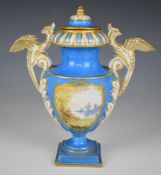 19thC Sèvres or similar pedestal covered vase with figural griffin handles and decorated with