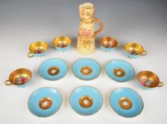 Six Paragon interior decorated cabinet cups and saucers and a Royal Worcester blush ivory tusk vase,