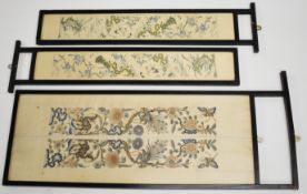 19th/20thC Chinese embroidered cuffs in three frames with suspension loops, L60cm