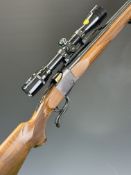 Ruger No.1 .223 falling block rifle with chequered semi-pistol grip and forend, sling mounts, bi-