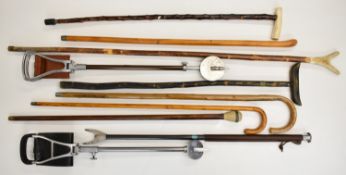 Collection of shooting / walking sticks including horn handled examples, tallest 128cm