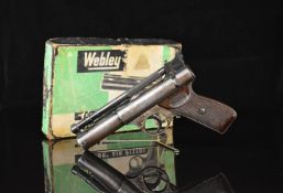 Webley Senior .22 air pistol with named and chequered Bakelite grips and adjustable sights, serial