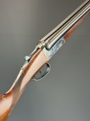 AYA 12 bore side by side shotgun with chequered grip and forend, double trigger and named 28 inch