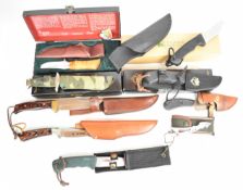 Nine various hunting and survival knives to include a Brusletto Falken in original box, a CRKT, Puma