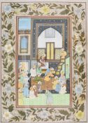 A 19th/ 20thC Indian or Persian watercolour of a court scene, with illuminated border, 36x23cm.