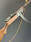 Deactivated Russian PPsh 7.62mm sub machine gun with curved stick magazine, adjustable sights and
