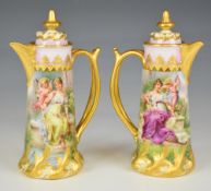 Pair of Vienna covered ewers decorated with maidens and Cupid, signed Wagner, and script to base '