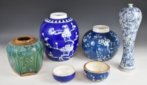 Two Chinese prunus blossom ginger jars, tall vase etc, tallest 32cm