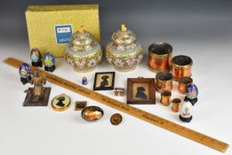 Pair of Chinese cloisonné covered vases, eggs on stands, bronze figure of a man praying, Russian