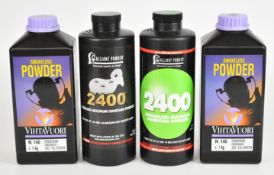 Four tubs of shotgun or rifle cartridge re-loading powder comprising two VihraVuori N140 smokeless