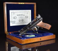 Webley Senior .177 air pistol with Don Blocksidge engraving, chequered wooden grips and adjustable