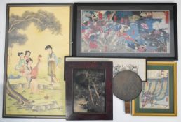 Two Japanese woodblocks, Impasto oil on board, Chinese embroidery, bronze mirror etc., largest 87