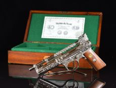 Webley Mark I .177 air pistol with Don Blocksidge engraving, nickel plated body, logo inset to the