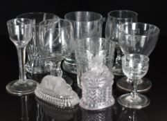 Two 18thC wine glasses with folded feet, later etched drinking glasses, Victorian covered pot with