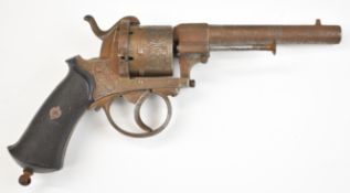 Belgian six-shot double-action pin-fire revolver with engraved frame, cylinder and trigger guard,