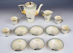 Art Deco Burleigh tea ware decorated in the Moonbeams pattern, comprising coffee pot, jug, four cups