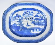Early 19thC Chinese Diana Cargo octagonal blue and white export platter, 32 x 39cm