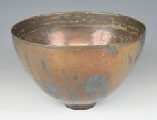 Sutton Taylor (b1943) studio pottery pedestal bowl with brown gold and burnt red lustre glaze,
