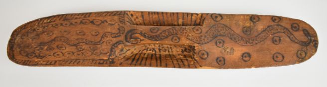 Aboriginal carved wood shield with inset grip verso, length 44cm