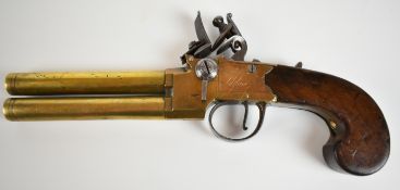 Blair of London brass flintlock double barrelled over and under tap-action pistol with named and