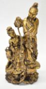 Chinese carved figural group with gilt decoration, H40cm