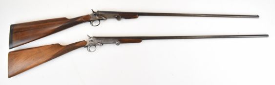 Two Belgian single barrelled hammer action folding poacher's shotguns, each with chequered grip