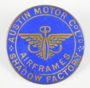 WW2 Austin Motor Co Ltd. Airframes Shadow Factory enamel badge, with Thomas Fattorini Ltd, Regents