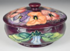 Moorcroft covered pedestal bowl decorated in the Pansy pattern, diameter 13 x H7cm
