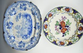 19thC Wedgwood charger decorated in the Camellia pattern, and a large blue and white platter,