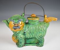 19thC Chinese Foo dog teapot, early 20thC embroidery of storks and a 19thC bone and lace fan with