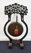 Anglo Indian carved hardwood gong, H91cm