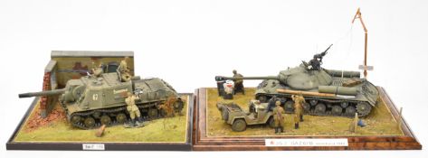 Two WW2 scale model dioramas comprising a 1/35 scale Soviet ISU-152 self propelled gun, with crew in