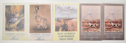 Five shotgun cartridge or powder shop display or advertising cards including Eley-Kynoch, ICI