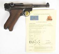 Deactivated German Luger automatic pistol with chequered wooden grips, breech dated 1940 and 4