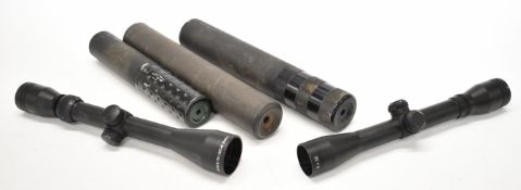 Five gun accessories comprising Simmons 4x32 scope, Hawke Sport HD 3-9x40 scope and three sound